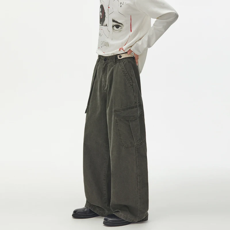 Autumn Casual Men's Dark Green Cargo Pants With Adjustable Waist MultiPocket Design Loose Straight Leg Trousers