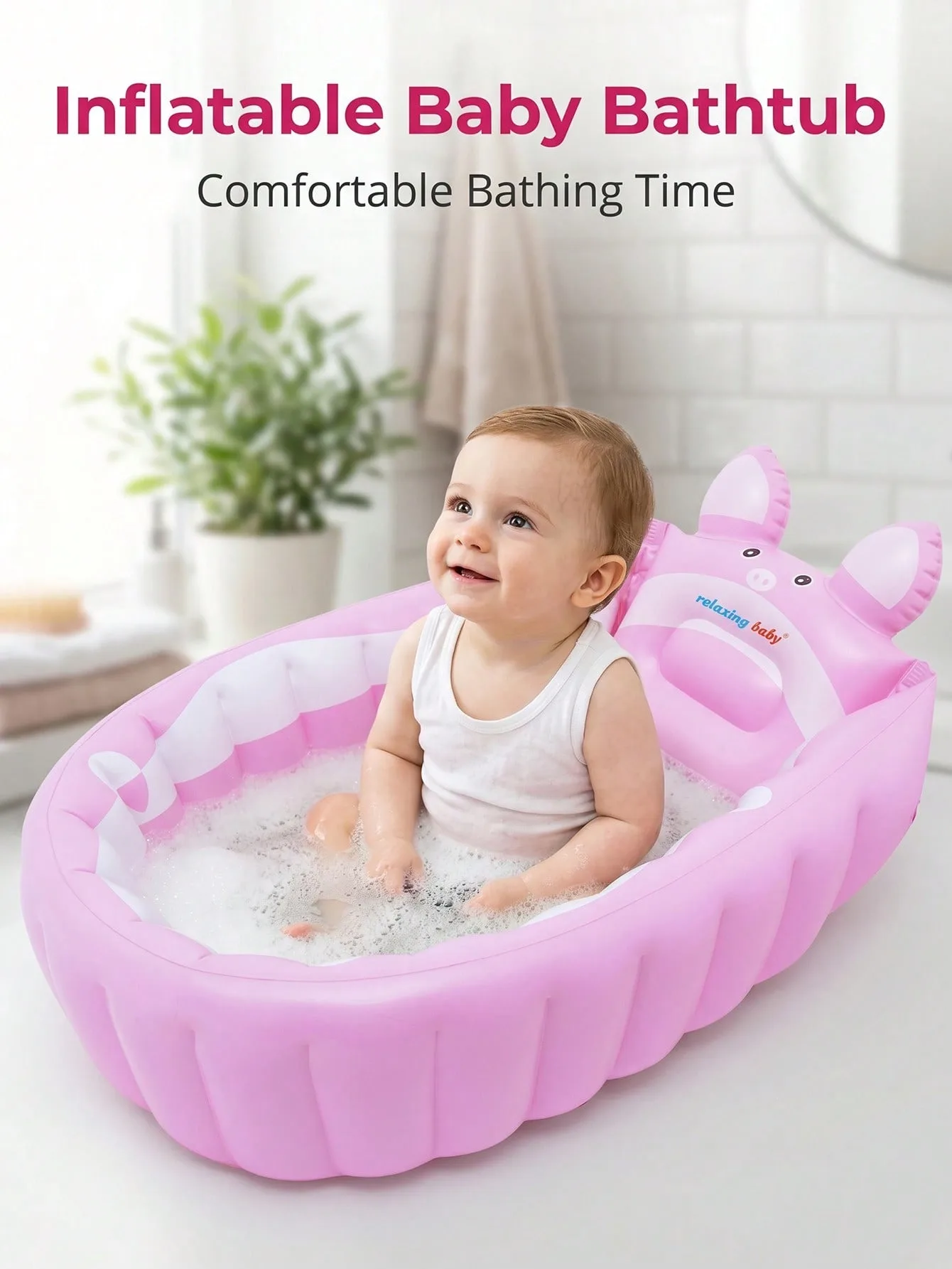 Inflatable Baby Bath Tub, Portable Foldable Infant Toddler Shower Basin With Air Pump, Cute Cartoon Pig Non-Slip Blow Up Travel