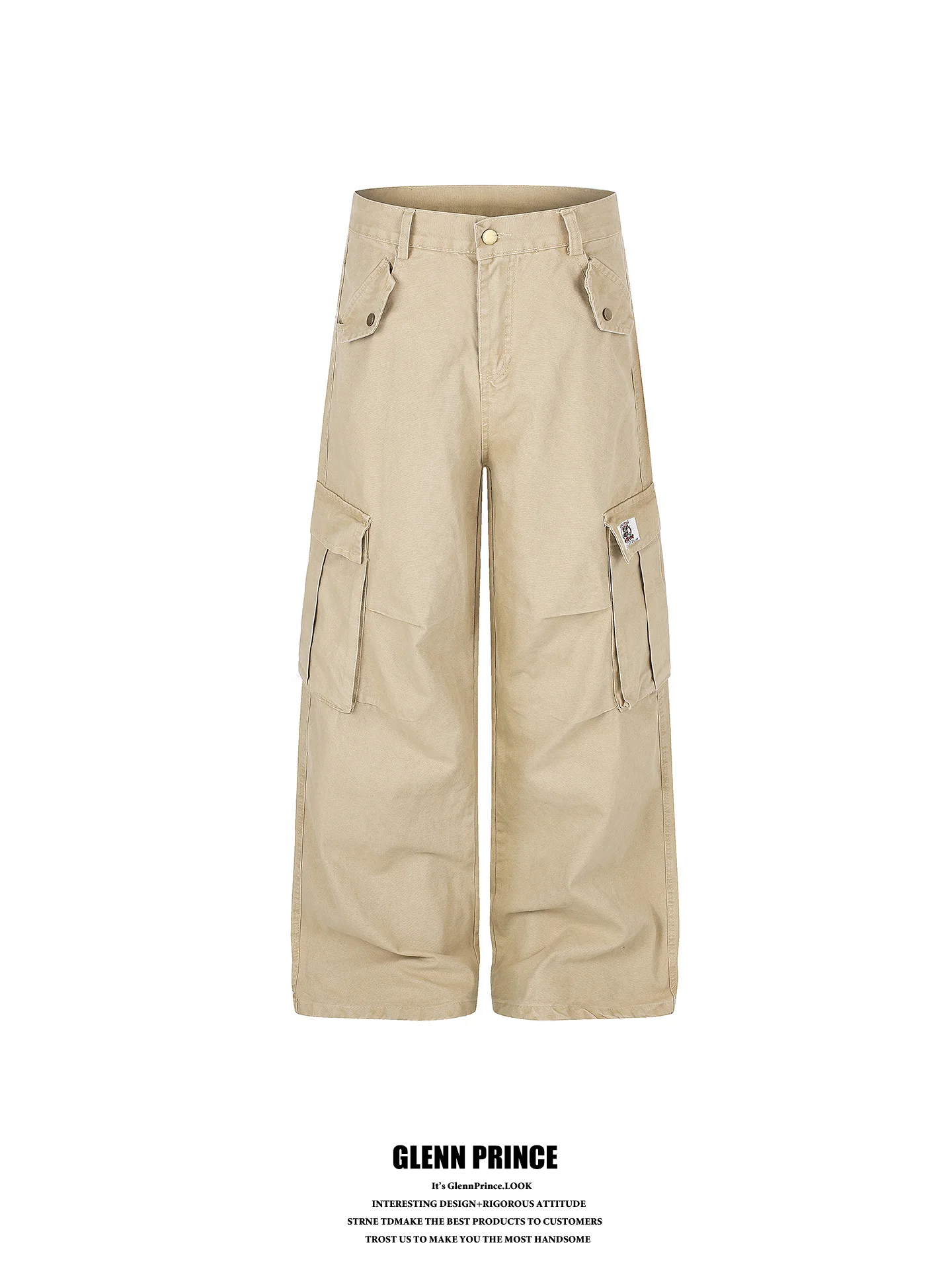 GPstudio American Style Street Washed Men's Work Pants Wide Leg Casual Trousers with Big Pockets Folded Slimming Versatile