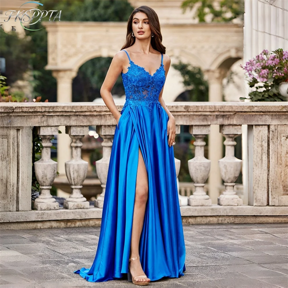 2026 Royal Blue A Line Evening Dresses High Split Corset Back Appliques Satin Long Formal Occasion Gown For Women Robe De Soiree