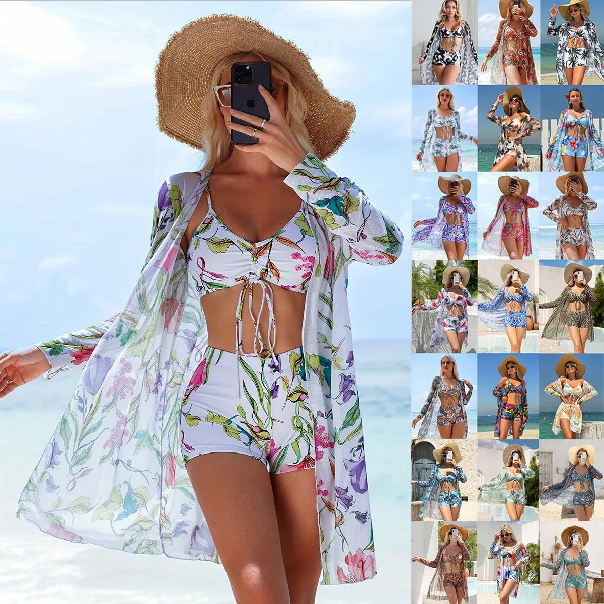 Floral Print Bikini Crop Top High Waisted Shorts Printed Bikinis Tie Front Swimwear Cropped Mini Shorts Two Piece Swimsuit