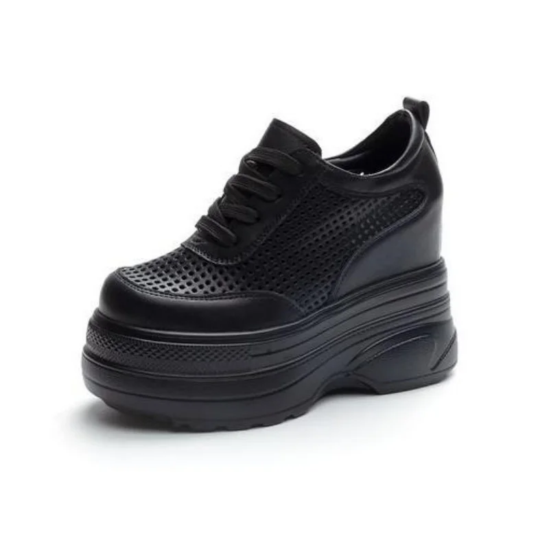 11cm Suede Cow Genuine Leather Vulcanize Women Casual Platform Wedge Chunky Sneakers Spring Autumn Contoured Fashion Black Shoes