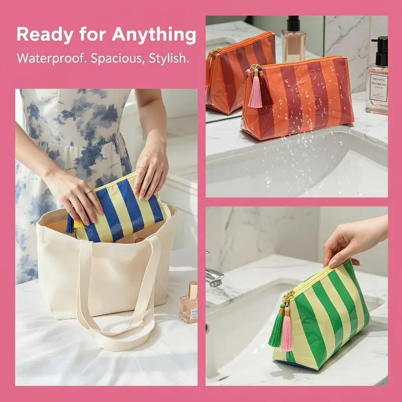 PVC Striped Cosmetic Bag Waterproof Fringed Design Zipper Makeup Pouch Durable Toiletry Organizer for Women Holiday Travel Gift