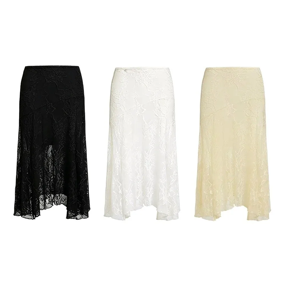 Solid Color Lace Beach Dress See-Through Design Low Waist Floral Lace Skirts Elastic Waist Sheer Mesh Skirts