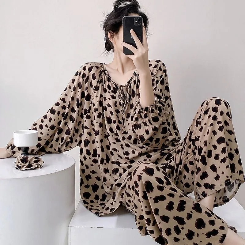 Women Panda Print Pajama Set Chinese Style Loungewear Cotton Like Sleepwear Spring Autumn  Homewear