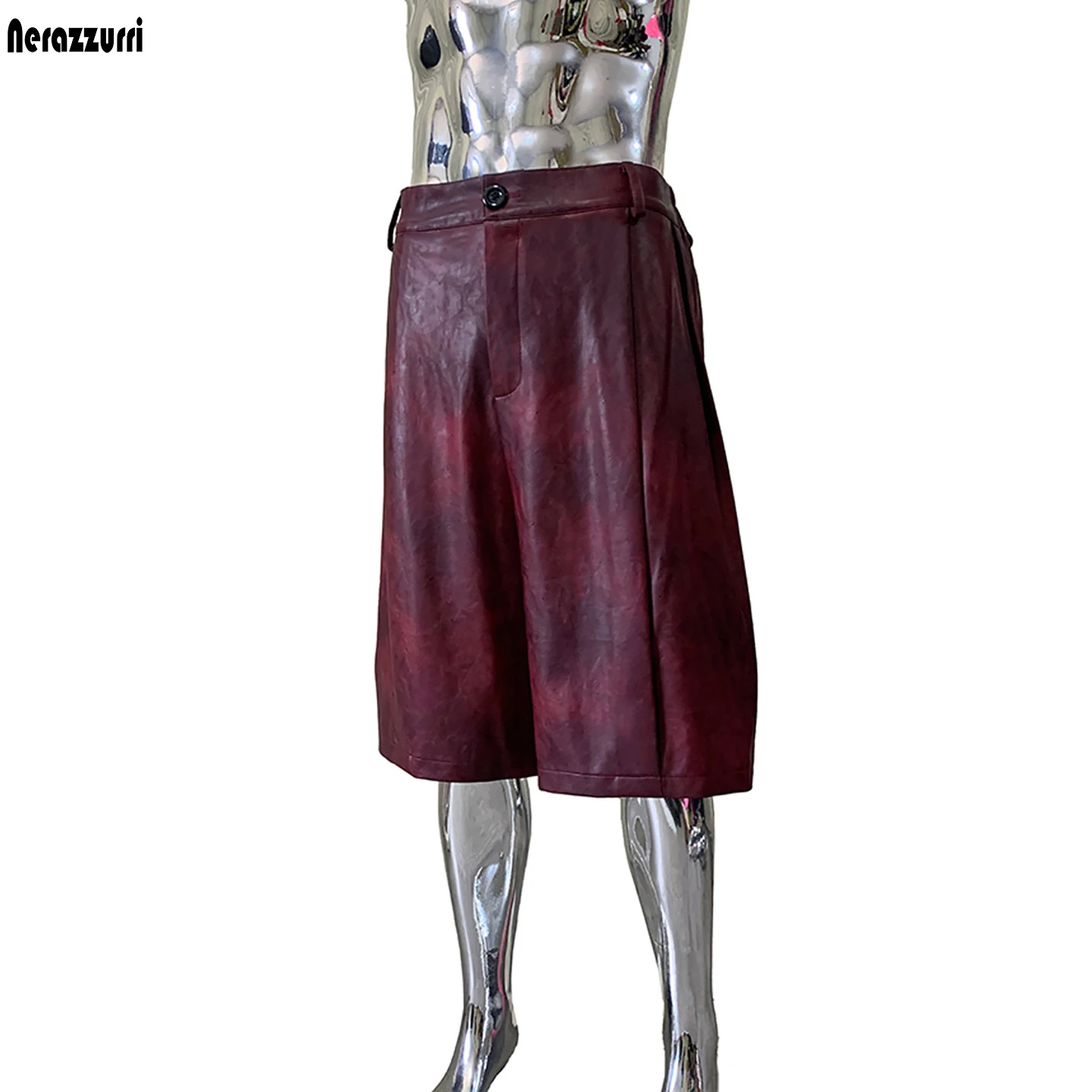 Nerazzurri Summer Waterproof Baggy Distressed Pu Leather Wide Leg Shorts for Men Calf Length Pants Loose Luxury Designer Clothes