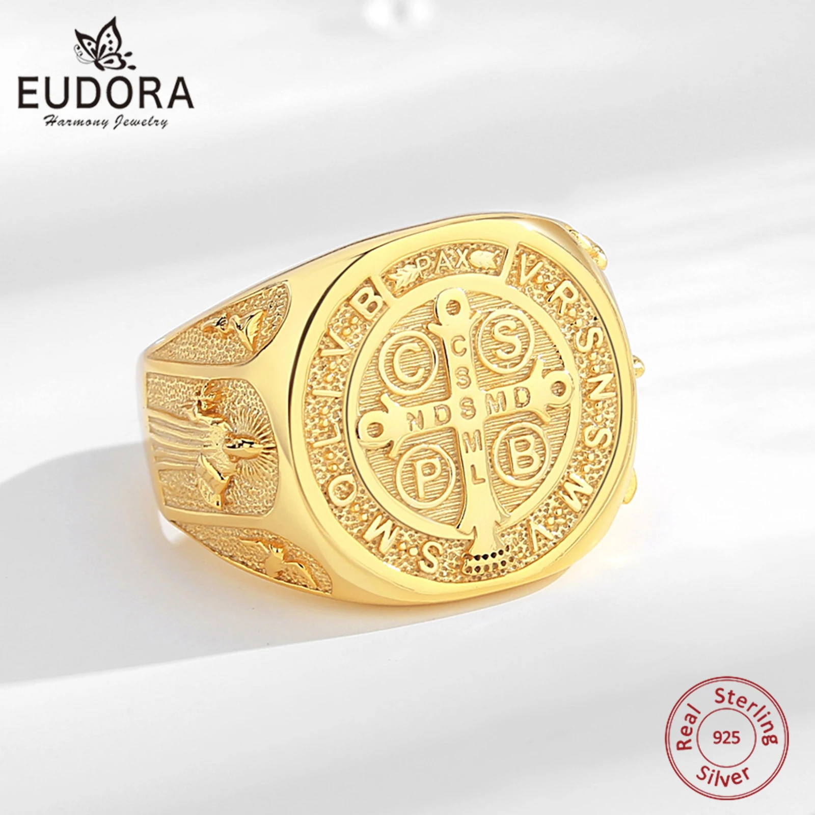 Eudora 925 Sterling Silver Saint Benedict Medal Adjustable Ring San Benedict Cross Amulet Ring Religious Jewelry Gift for Men