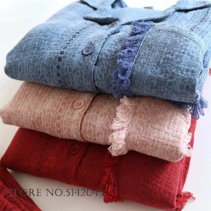 Spring Autumn New Sleepwear Women's 2PCS Pajamas Set Soft Cotton Gauze Long Sleeve Trouser Pijamas Suit Loose Casual Homewear