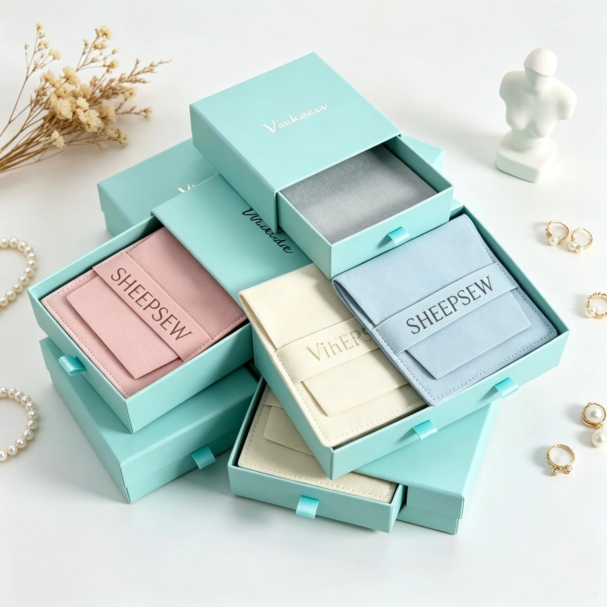 SHEEPSEW Custom Logo 10x10x2cm Sliding Cardboard Drawer Jewelry Packaging Box With Microfiber Flap Gift Bag For Earrings Candle