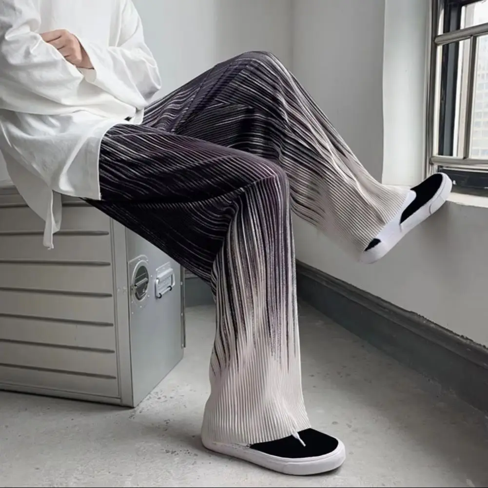 Men Pants Contrast Colors Gradient Color Striped Loose Baggy Match Top Elastic Waist Wide Leg Men Summer Pants Men Clothing
