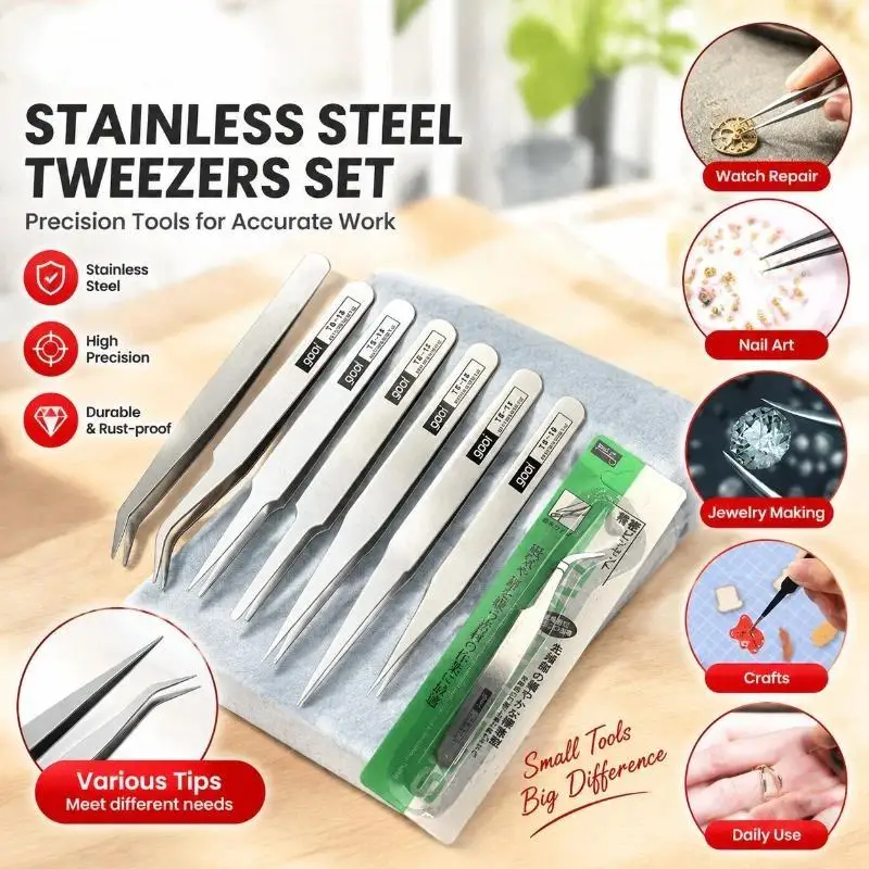 Stainless Steel Precision Tweezers Kit: 6Pcs Bent Straight Tips Industrial Repair Set Jewelry Detailed Work