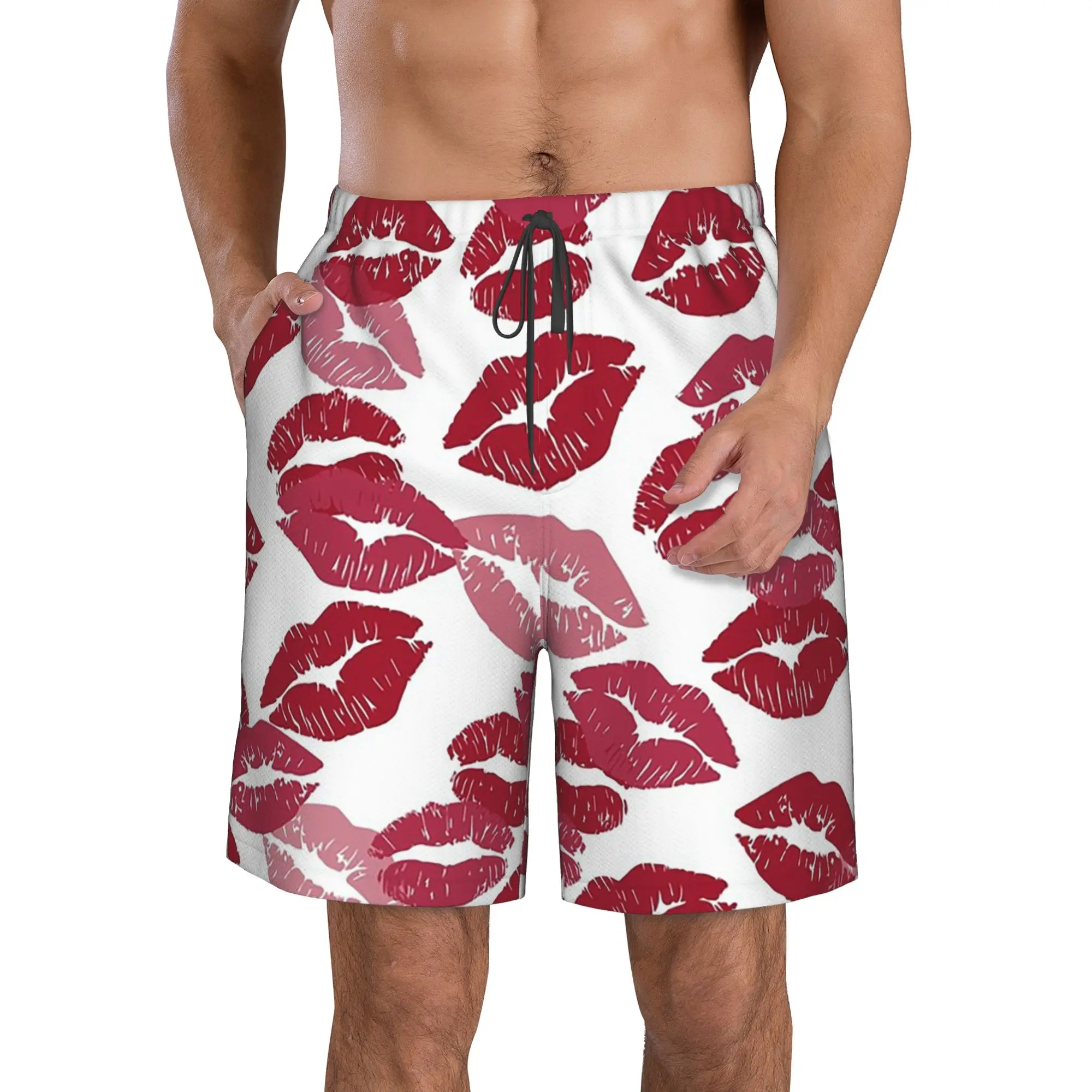 Red Lips Kiss Pattern Trunks Beach Board Shorts Casual Quick Dry Swim Summer Men Pants