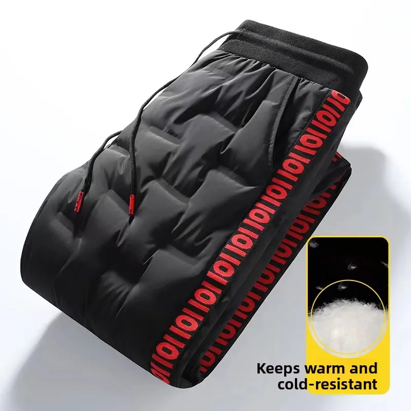 Men's Large Size down Pants Fleece Lined Casual Duck down Cotton Pants Winter Warm Trousers Loose Fit mid Waist Sporty