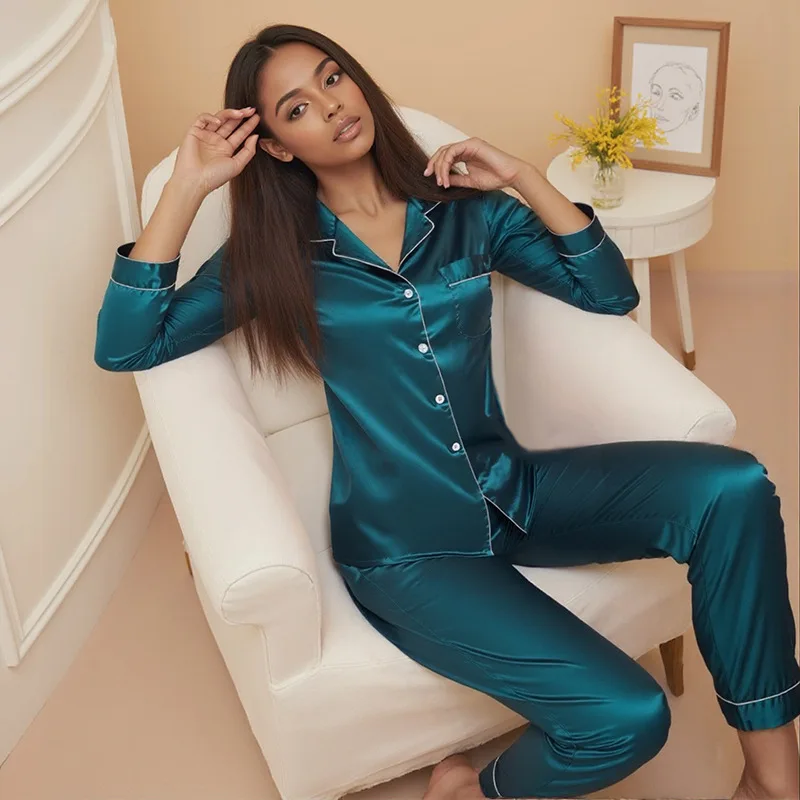 Satin Solid Color Pajamas Women Spring Summer Long Sleeved Single Breasted Top Long Pants Thin Silk Casual Home Two-Piece Set