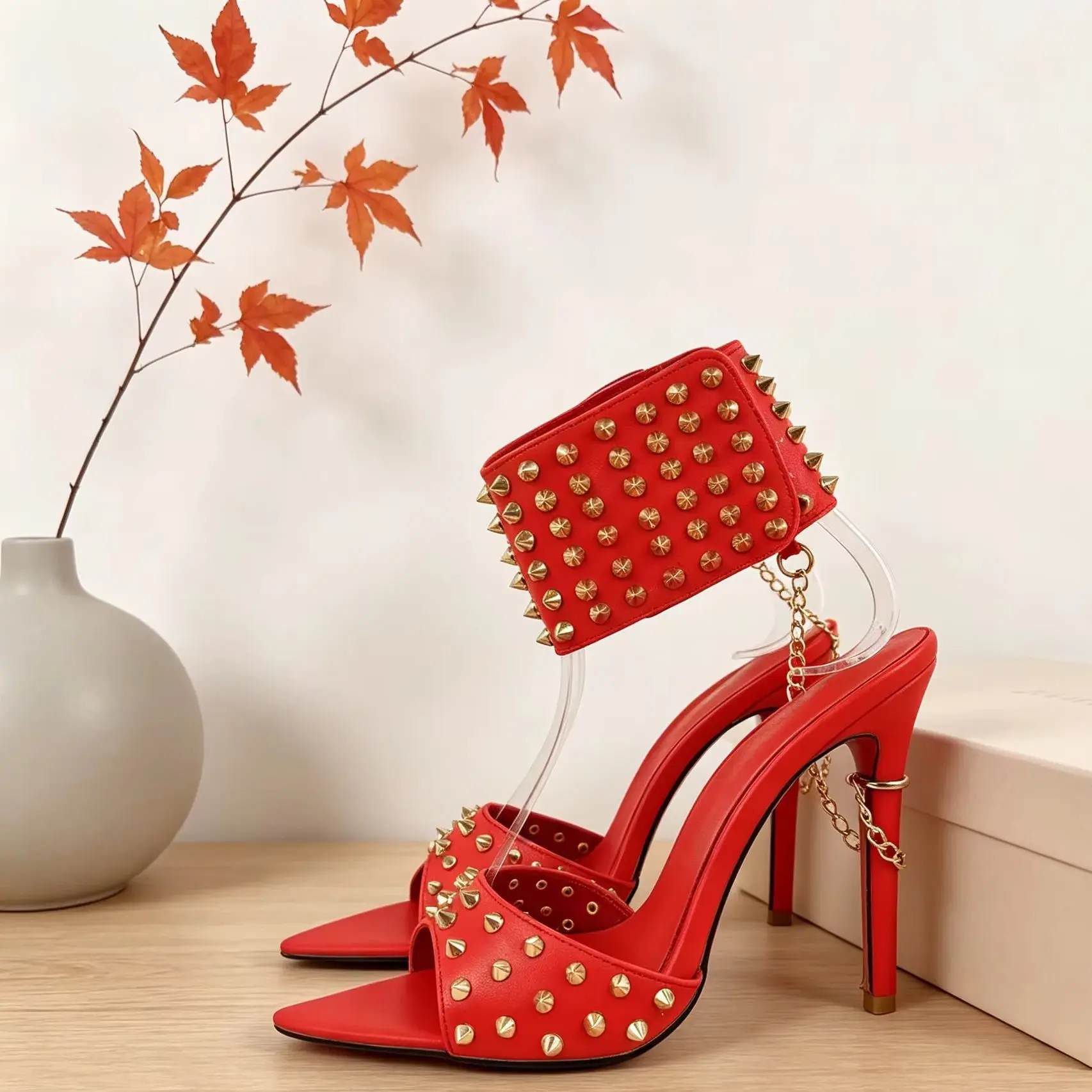 Rivet Studded Women Stiletto Heel Pumps Sandals Pointed Toe Ankle Cuff Chain High Summer Party Red Leather Luxury Fashion Shoes