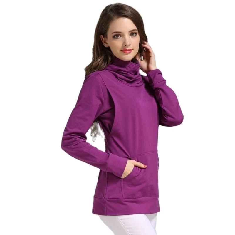 Cowl Neck Nursing Maternity Pullover Side Hidden Feeding Hole Front Pocket Long Sleeve Stretch Casual Pregnant Women Sweatshirt