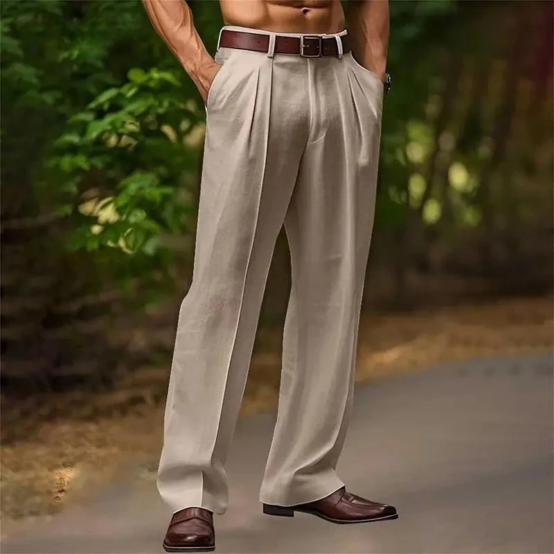 Vintage Solid Color Loose Linen Trousers For Mens Spring Summer New Casual Straight Pants Men Fashion Pleated Breathable Pants