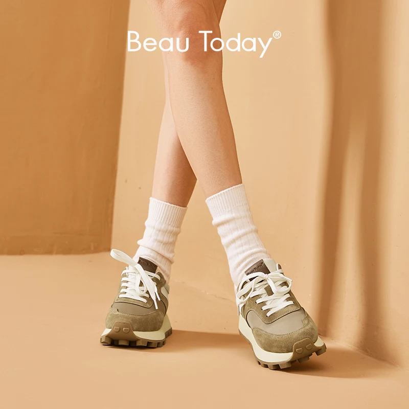 BeauToday Women Sneakers Pig Suede Lace-Up Round Toe Platform Waffle-sole Shoes Lady Mixed Colors Flats Handmade A29199