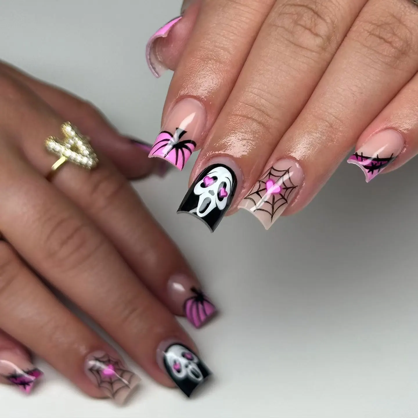 24pcs Long Square Press On Nails, Nude Black Pink French Tips with Ghost Bat Spider Web Blood Drip Print, Sweet Gothic Halloween