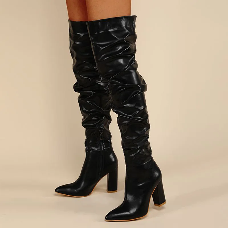 Women Stacked Boots Autumn Winter Fashion Wrinkle Chunky Heel Knee High Over The Knee Boots