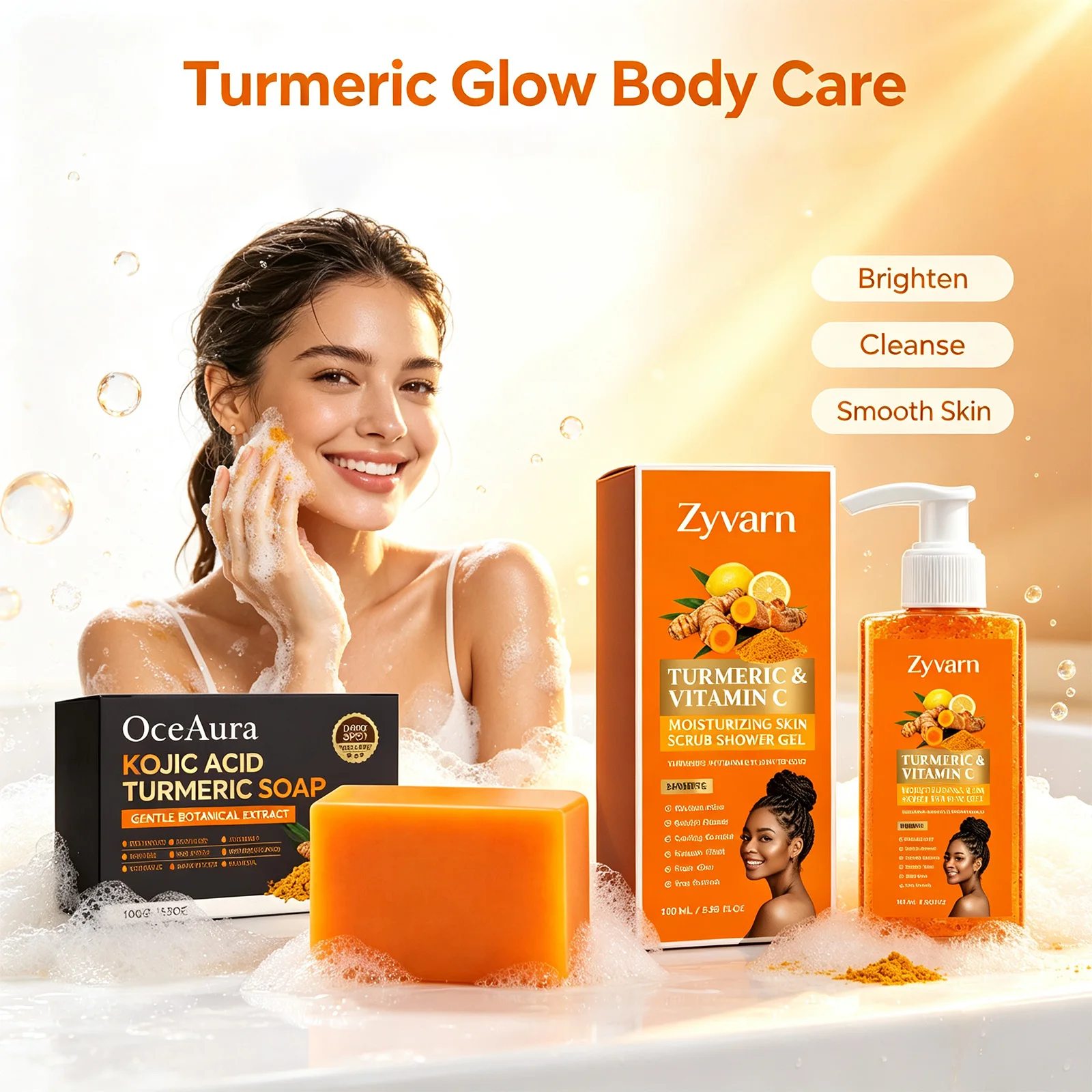 OceAura Kojic Acid Turmeric Soap & Vitamin C Shower Gel Set Even Skin Tone Deep Cleansing Moisturizing Turmeric Skin Brightening