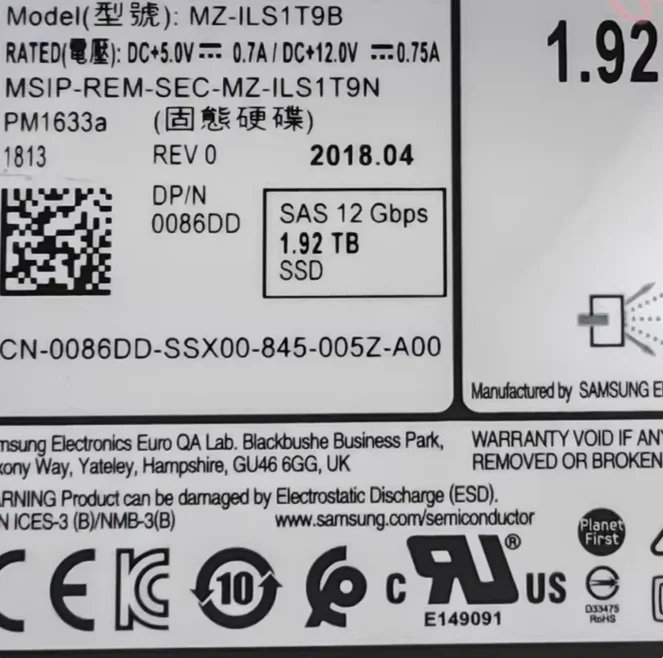 For Dell 0086DD Pm1633a 1.92TB SAS 12G Read Dense MZ-ILS1T9B