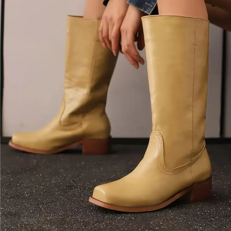 Large Size 46 Retro Women's Shoes Rubber Boots Wide Calf Square Low Head Fashion Knee-High Boots Women Riding Boots Unisex