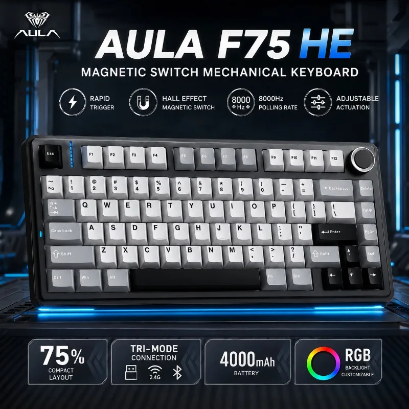 AULA F75 HE 75% Gaming Keyboard Hall Effect Magnetic Switch Rapid Trigger 8000Hz Polling Rate Tri Mode RGB PBT Keycaps Wireless
