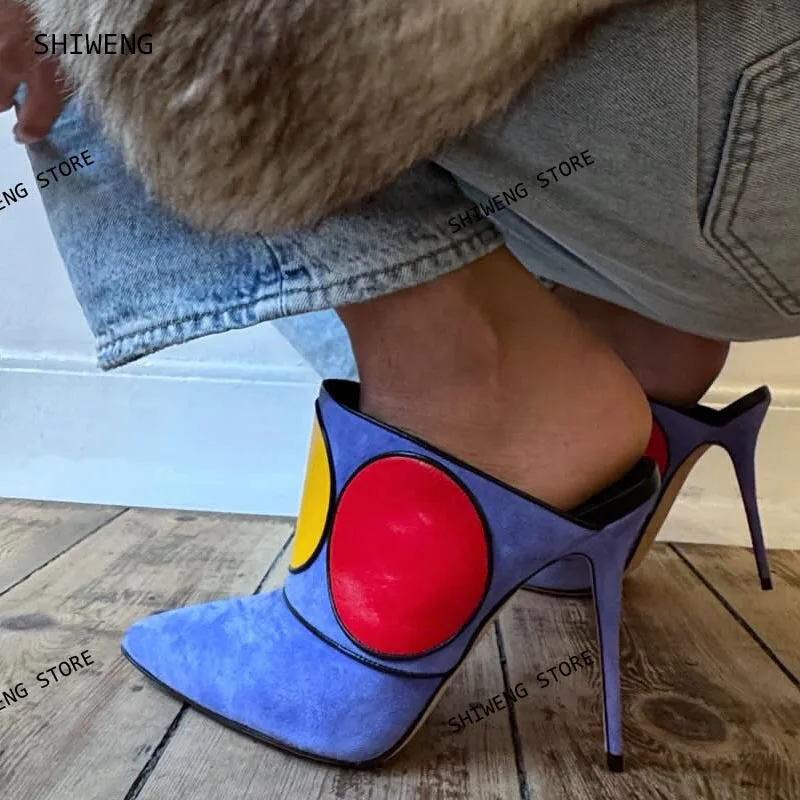 2026 Blue Suede Pointed Toe Mules Ladies Elegant Colorful Circular Decals Sewing Trim Slippers Party Pull On Concise Outdoor