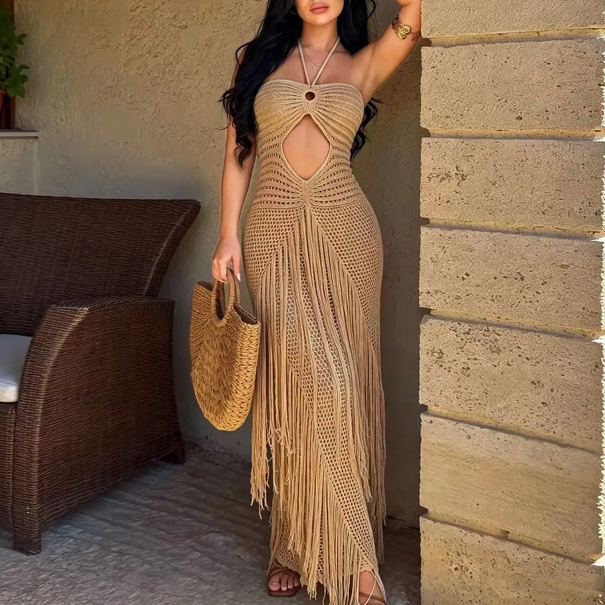 Boho Fringe Decorative Slim Fit Dress, Handmade Crochet Halter Tie Design Hollow Out Vacation Cover-Up, Elegant Plain Beachwear
