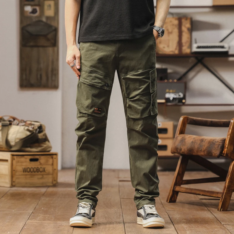 Retro High Street Cotton Work Trousers Washed Casual Autumn Straight Leg Long Pants Wear Resistant American Style Sporty
