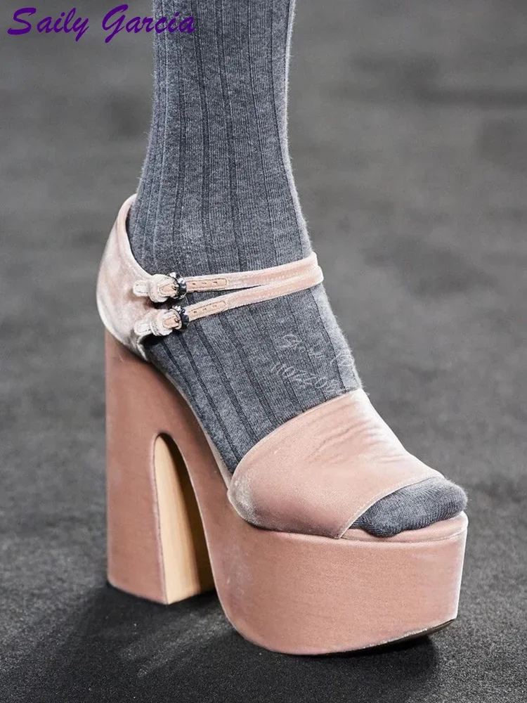 Suede Platform Sandals Silk Round Toe Shallow Double Buckle Straps Square Heels 2026 Summer Women Elegant Dress Fashion Shoes
