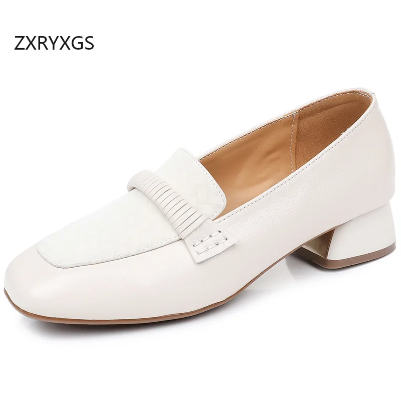 ZXRYXGS New Trendy Top Cowhide Genuine Leather Shoes Women Middle Heels 2026 Spring Deep Mouth Versatile Fashion Shoes Plus Size