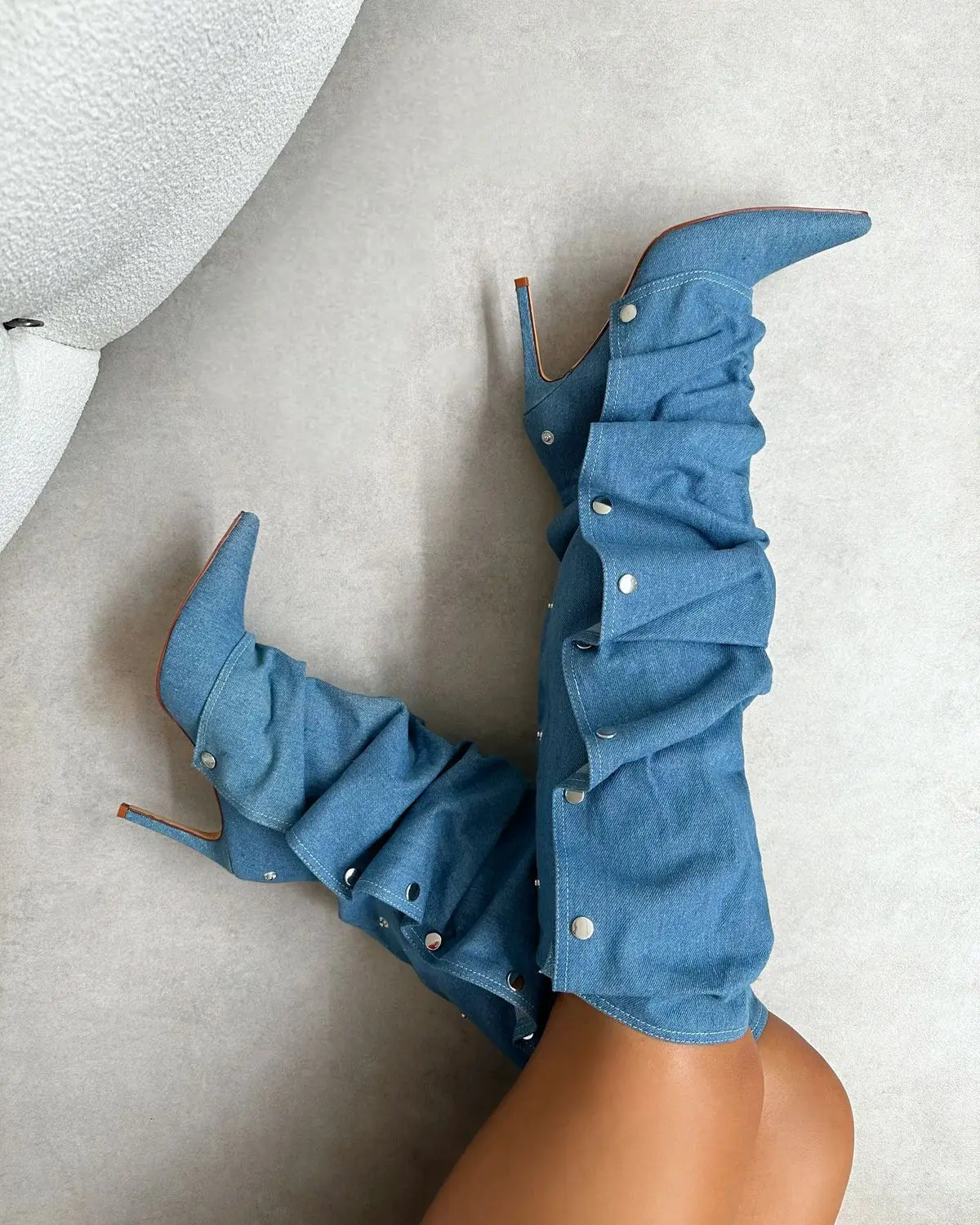 Pointed Toe High Heel Denim Boots Women Winter Wrinkled Knee High Boots Sexy Party Designer Shoes