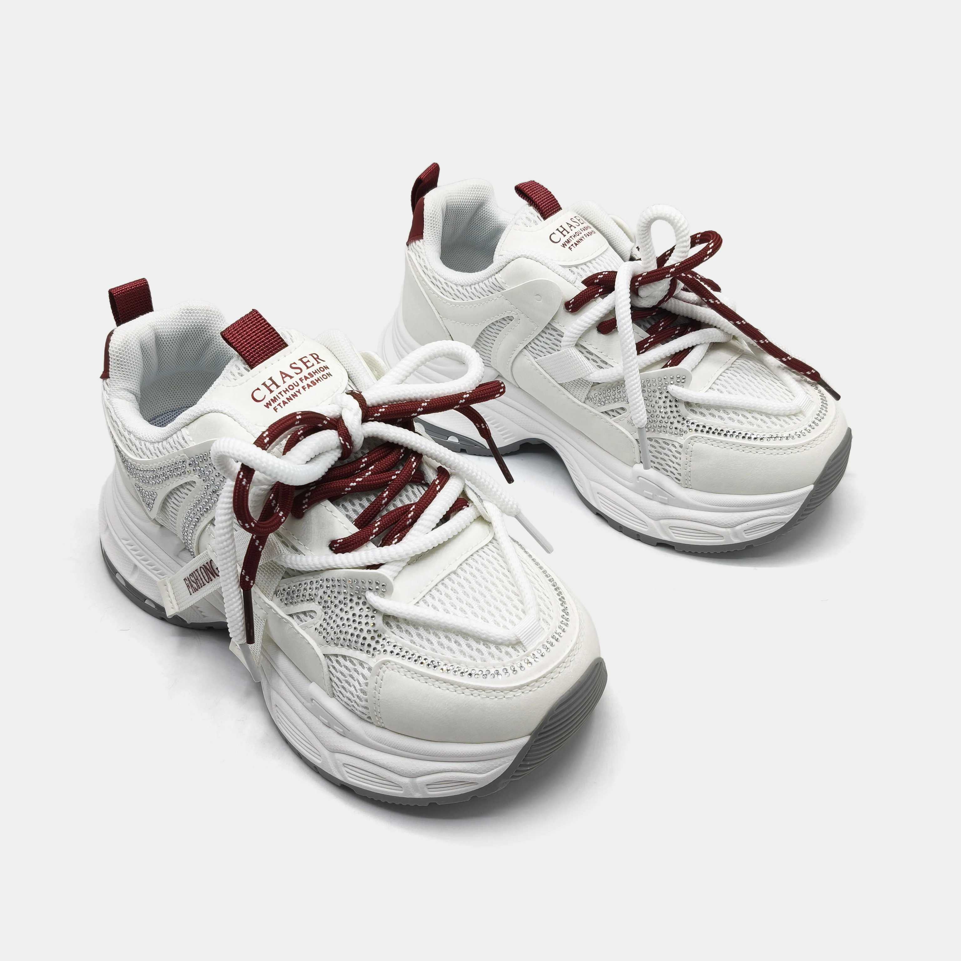 Women White Burgundy Rhinestone Mesh Chunky Platform Dad Sneakers TwoTone Shoelace Thick Sole Casual Sport Shoes