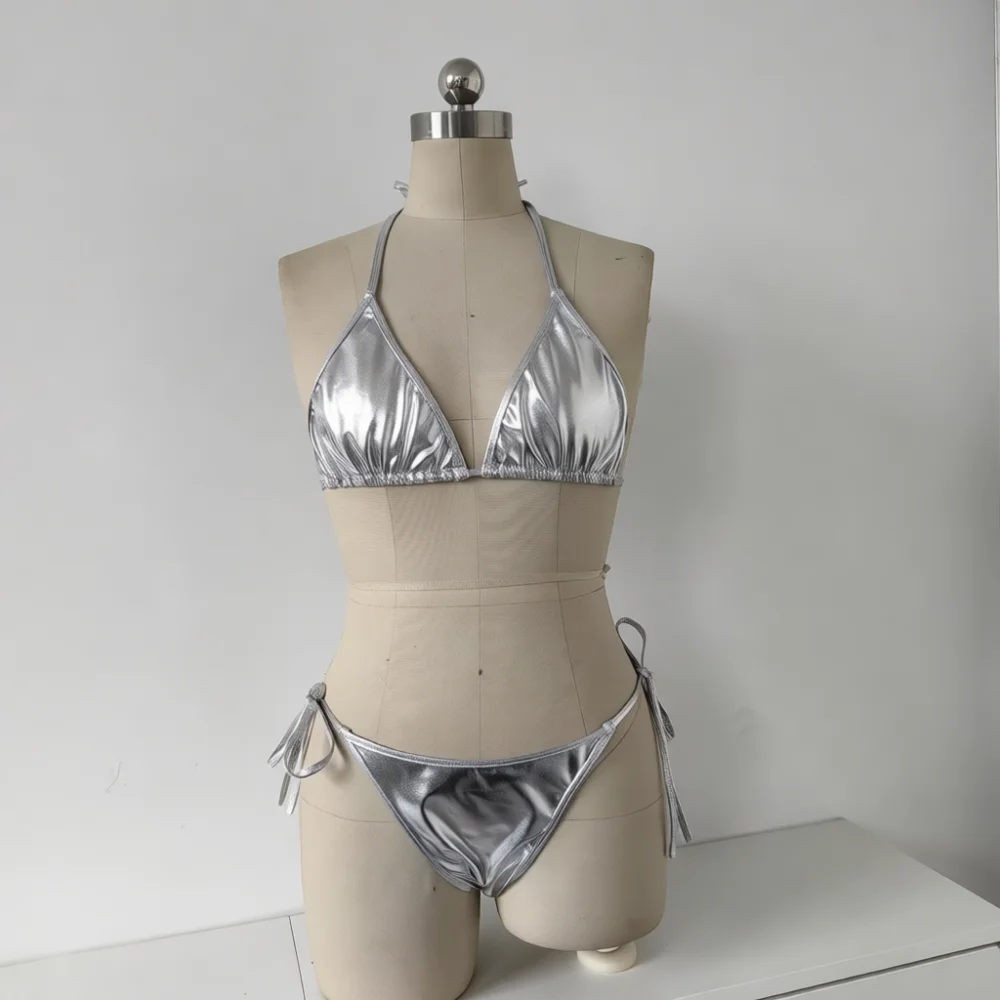 Women Sexy Patent Leather Bikini Swimwear Hollow Out Bathing Suit Summer Beach Holiday Pool Party Split Swimsuit Outfit