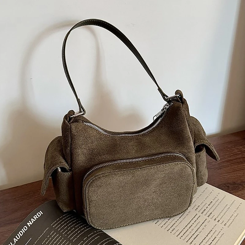 Ladies' Handbag 2026 Retro Suede Multi Pocket Underarm Bag New Adjustable Shoulder Strap Single Shoulder Crossbody Bags