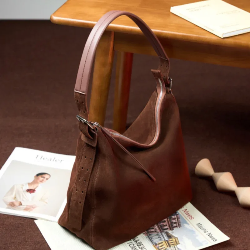 Genuine Leather Vintage Women's Bag Large Capacity Suede Shoulder Bag Solid Color Simple Casual Commuter Bag Retro Handbags