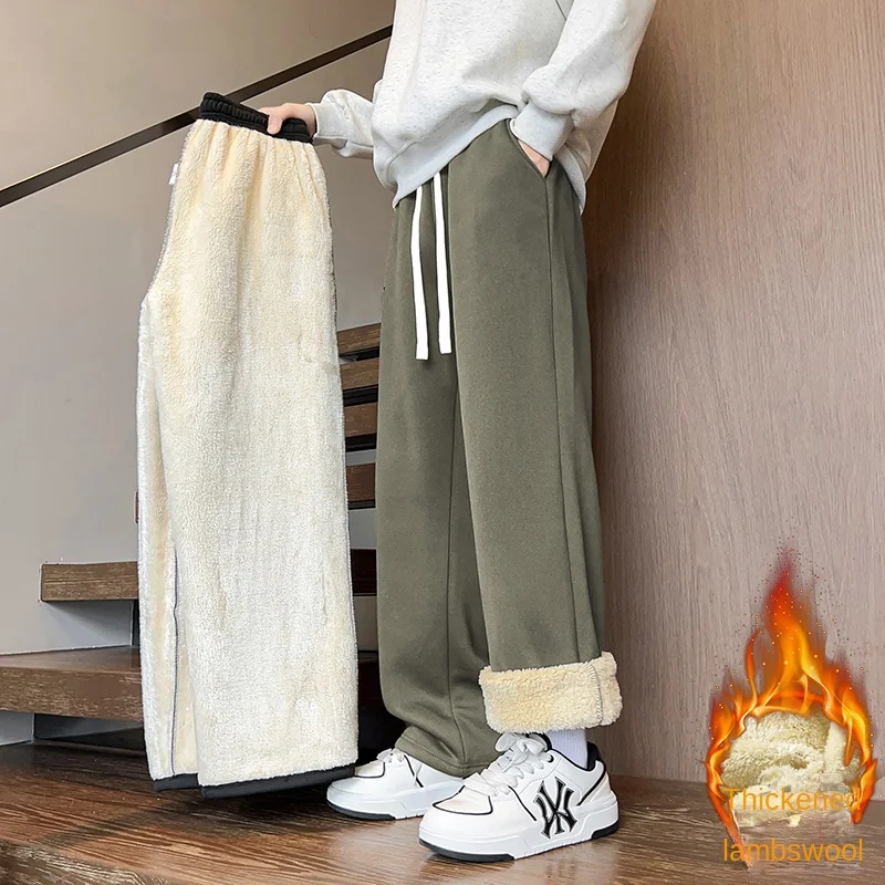 2026 Men Thick Lambswool Lined Sweatpants Oversized Wide Leg Pants Elastic Drawstring Waist Warm Winter Casual Streetwear Trouse
