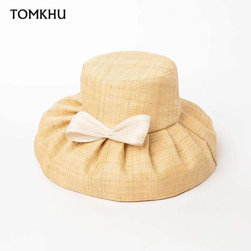 European American Ins Blogger Fashion Summer Hepburn Raffia Grass Sunhat Women Beach Wide Brim Bow Basin Hat High-quality Fedora
