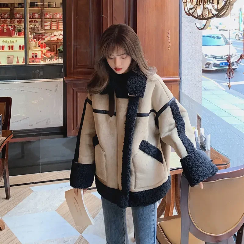 Women's Retro Fur One Piece Thick Lamb Fur Coat Casual Motorcycle Clothing Thick Warm Loose Autumn and Winter Coat Jacket Women