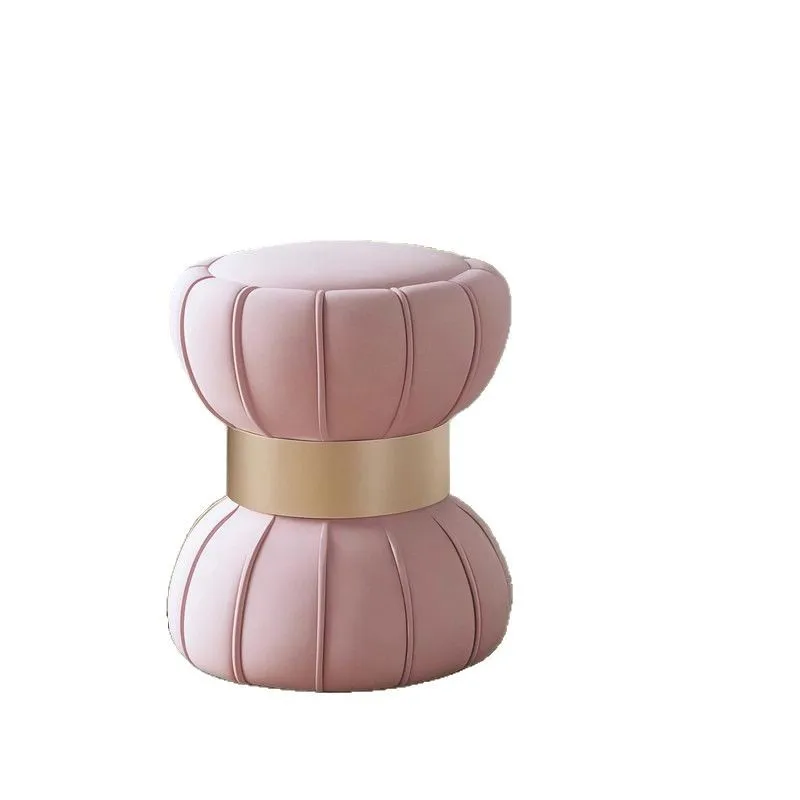 Modern Round Blue Ottoman Velvet Stool With Gold Accessories Living Room Fabric Ottoman Pouf for Apartment