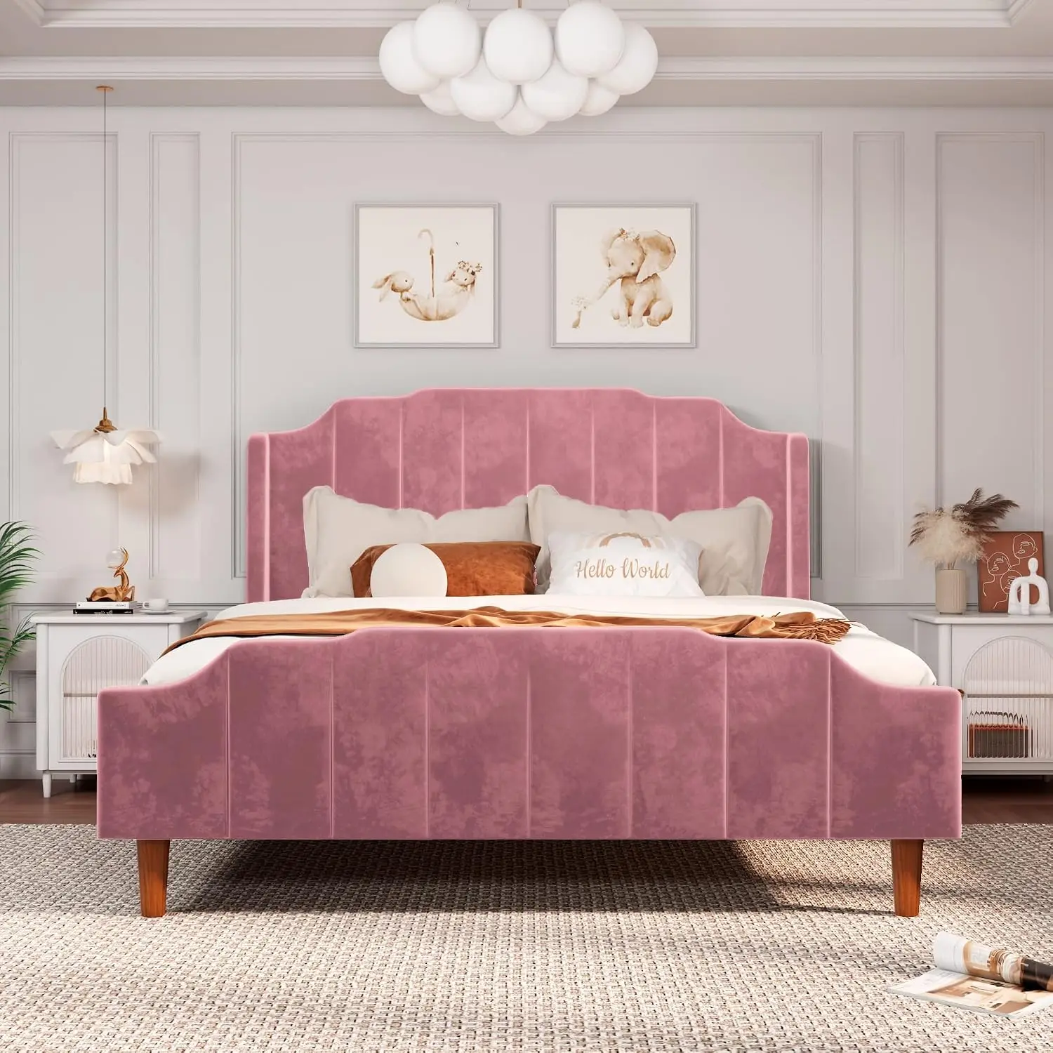 Velvet Platform Bed Queen with Vertical Headboard & Footboard, Wood Legs & Slats No Box Spring, Easy Assembly, Customized
