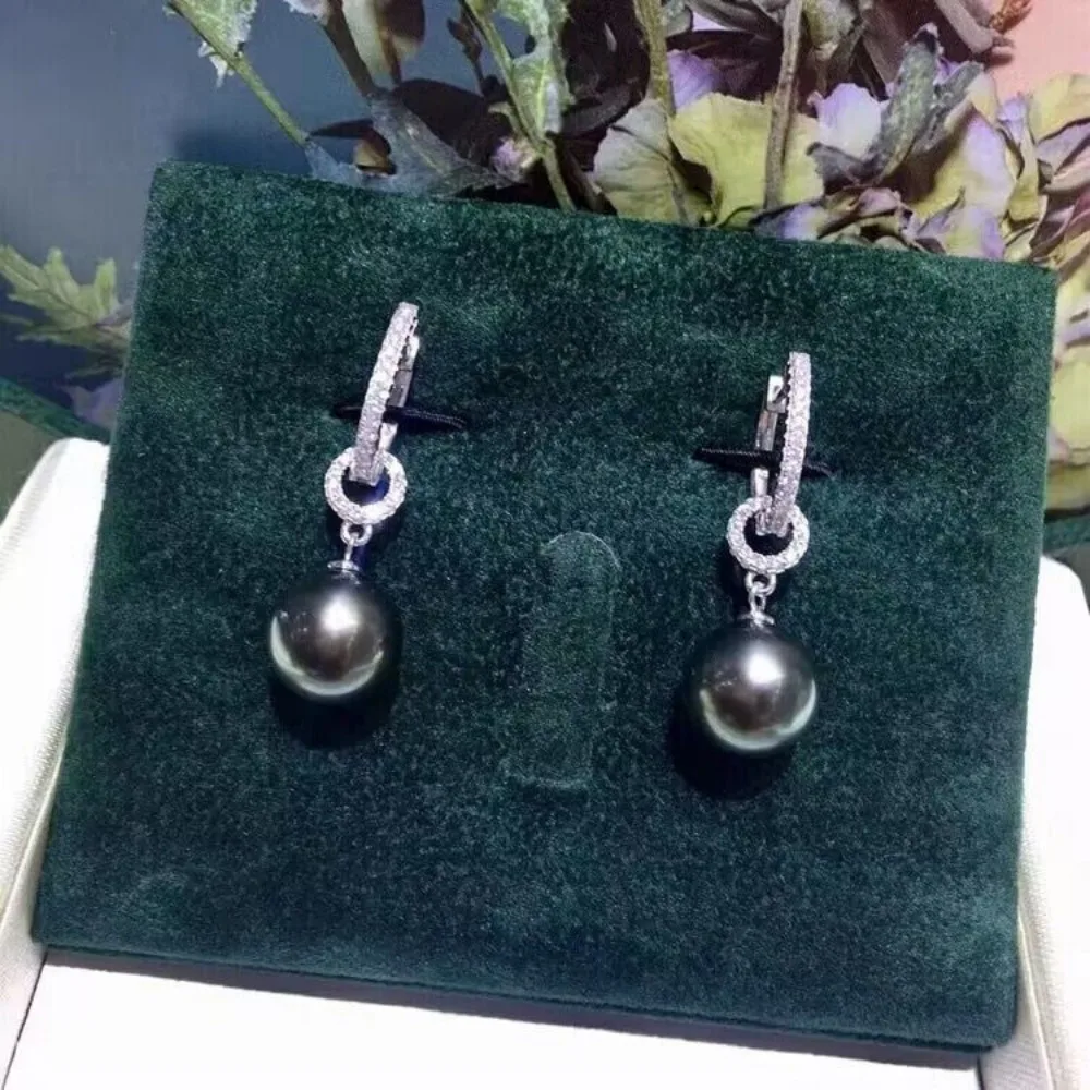 stunning 9-10mm tahitian round black pearl dangle earring 925s  earrings for women