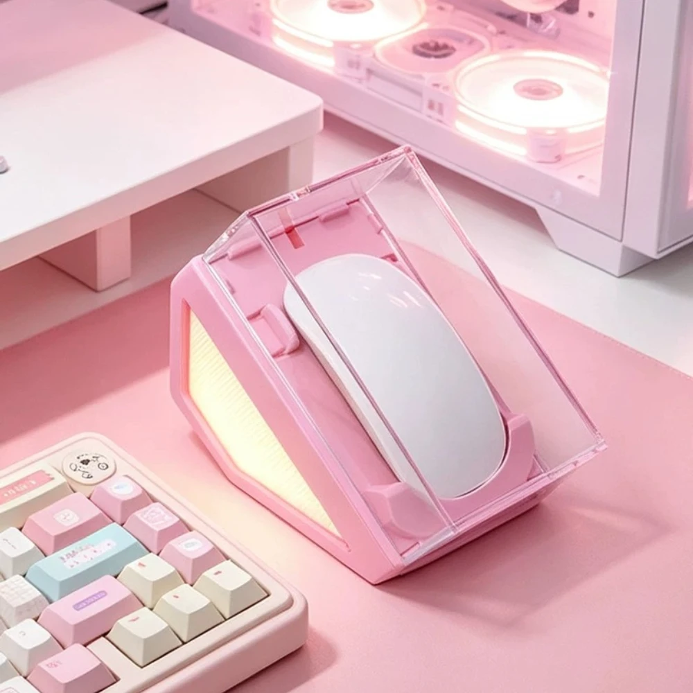 Pink Mouse Storage Box Custom Acrylic Transparent Backlit Mouse Dustproof Box  Mouse Accessorie Display Case Desktop Decoration
