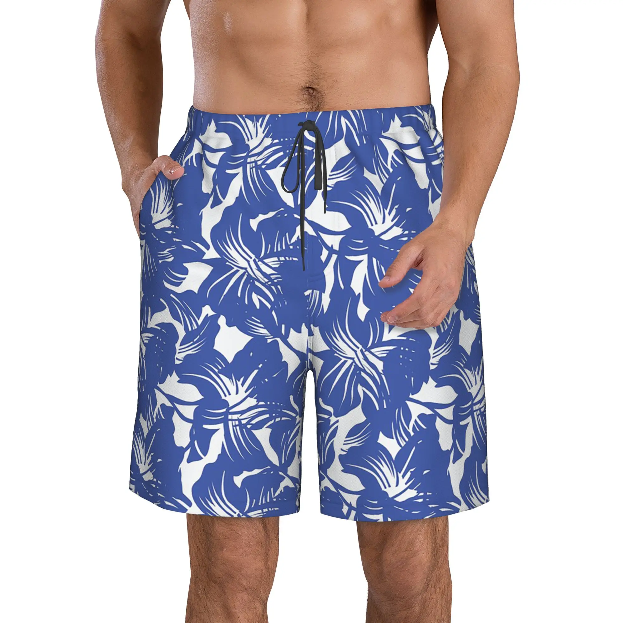 Tropical Flower Blue Floral Pattern Trunks Beach Board Shorts Casual Quick Dry Swim Summer Men Pants