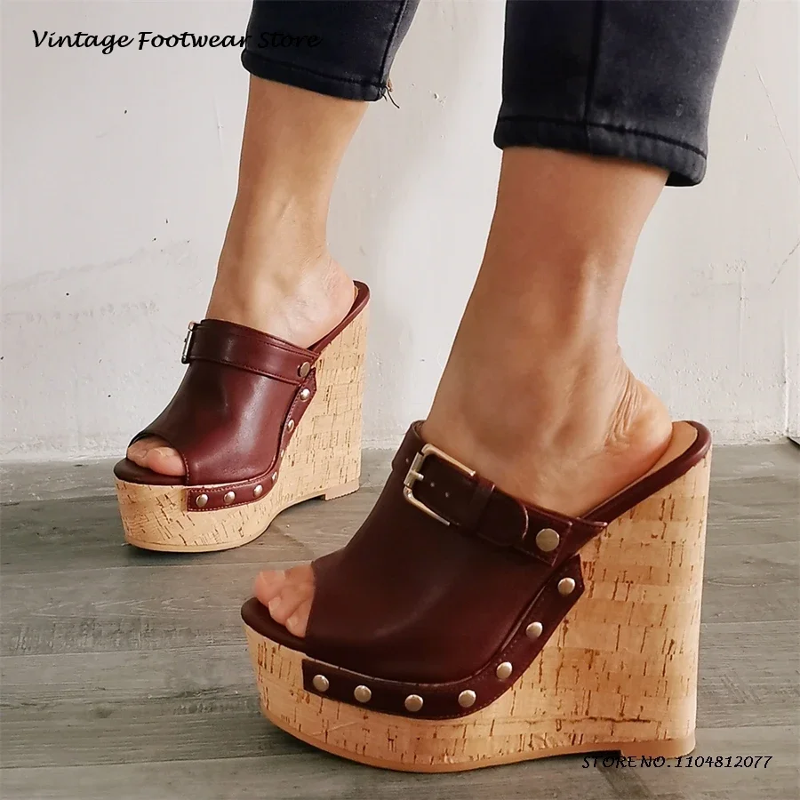 Stud and Belt Buckle Wedge Platform Slippers Round Open Toe Height Increasing Casual Shoes Women's Spring Summer Pull On Mules