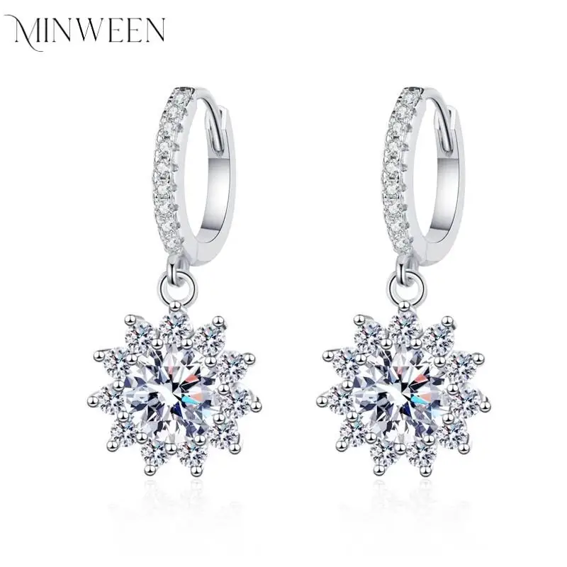 MINWEEN 2ct Moissanite Drop Earrings for Women Sunflower D Color 925 Sterling Silver Earrings Wedding Jewelry
