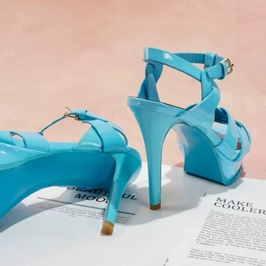 Women Patent Leather Open Toe Platform Stiletto High Heel Sandals Candy Colors Crisscross Woven T Strap Buckle Strap Dress Shoes