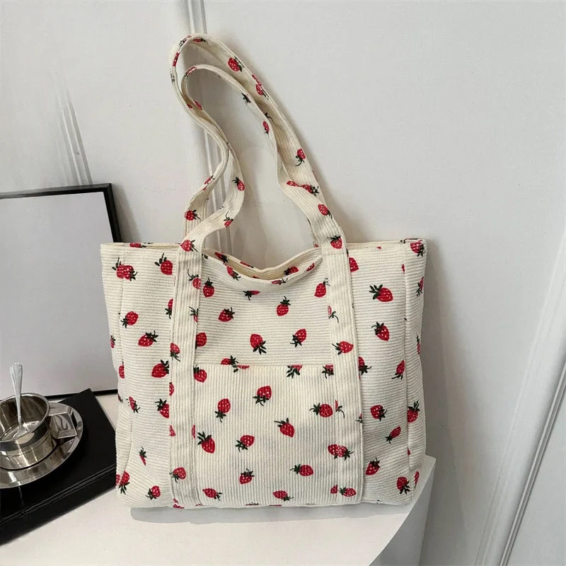 Large Capacity Simple Commuter Women's Tote Bag Corduroy Handbag Strawberries Beach Bag Fashionable Versatile Shoulder Bag